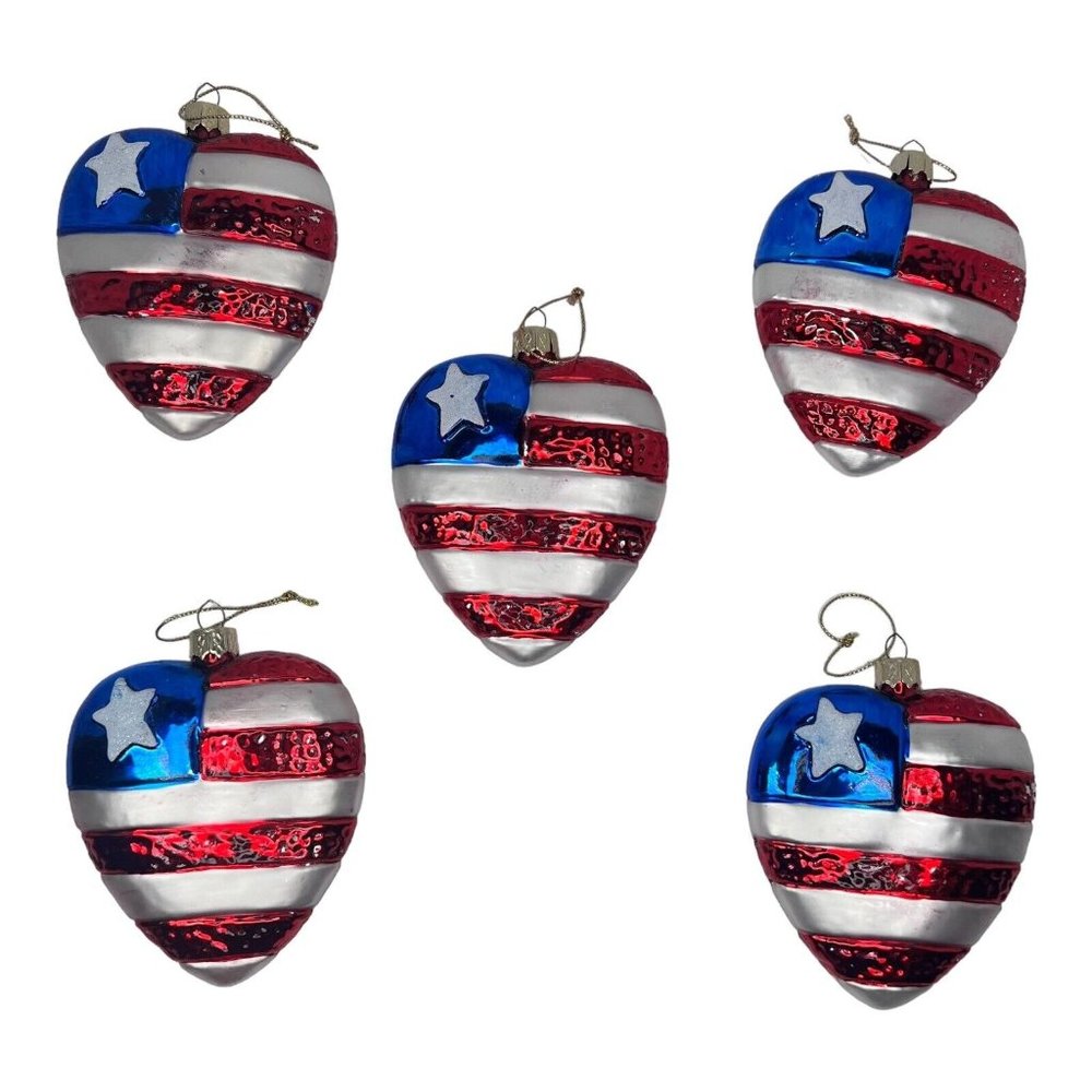 Vintage 5 Blown Glass American Flag Single Star Heart Ornaments READ DESCRIPTION